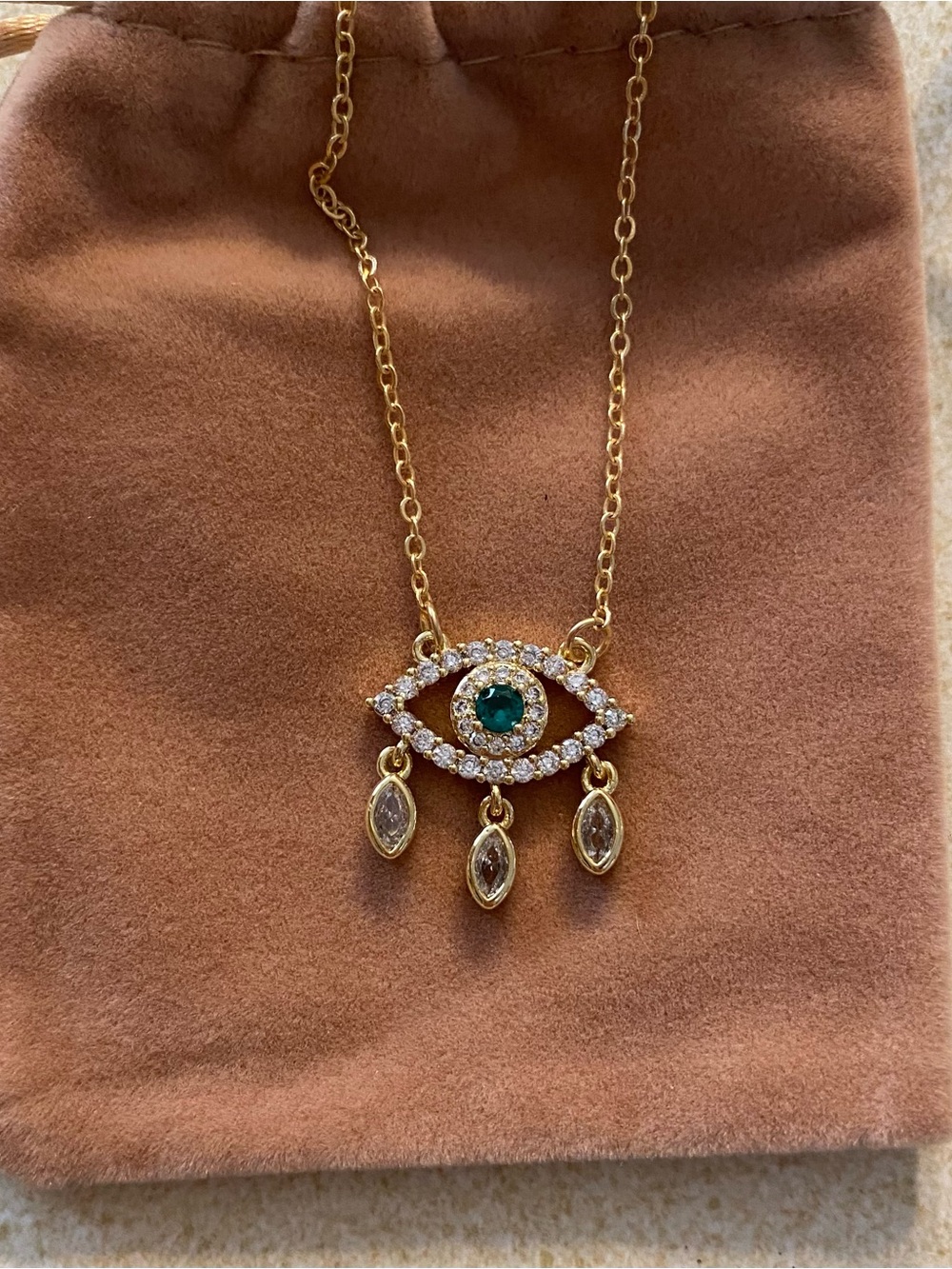 Gold-Tone Evil Eye Pendant Necklace with Green Center CZ